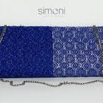 Royal Blue And Silver Hand-woven Clutch With Chain